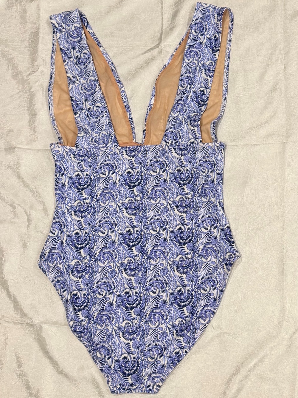 J.Crew Re-Imagined Blue White Floral Paisley Plunge One Piece Swimsuit Size 8 - Picture 3 of 5